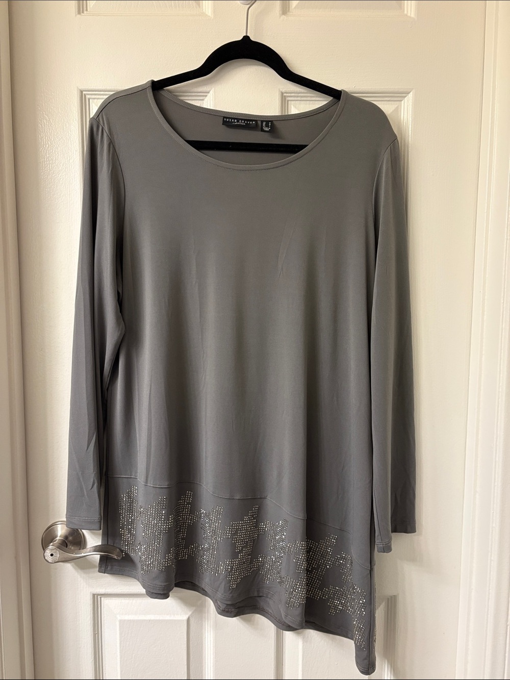 Susan Graver Artisan liquid knit Gray Long Sleeve Rhinestone-Hem Tunic Top
